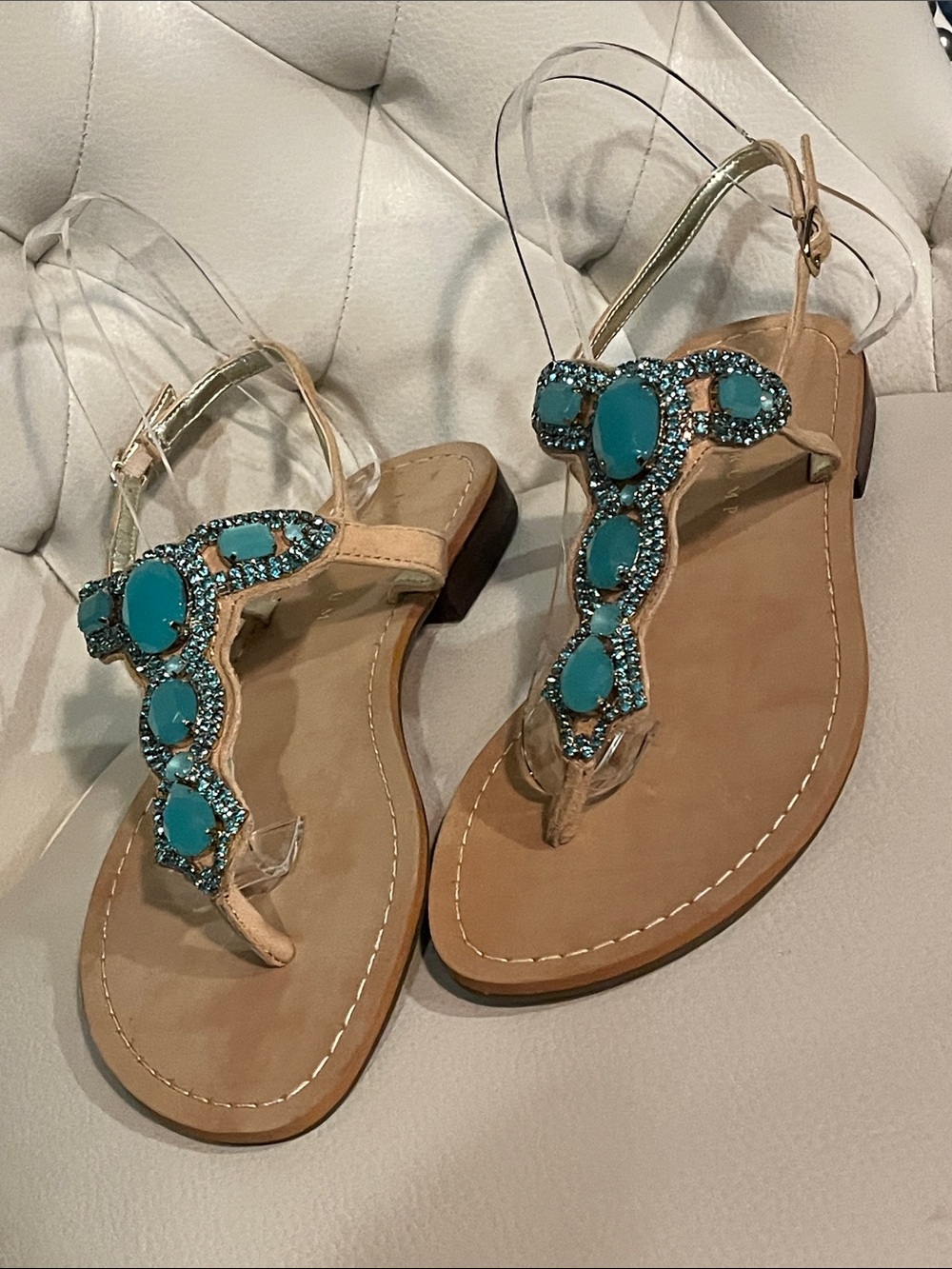 Ivanka Trump Tan Leather Sandals Turquoise Accents Eye Catching Beautiful 8.5